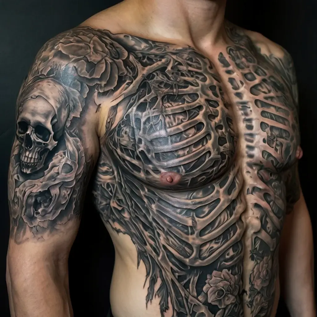 Intricate tattoo featuring a skull entwined with roses and realistic ribcage design across chest and arm.