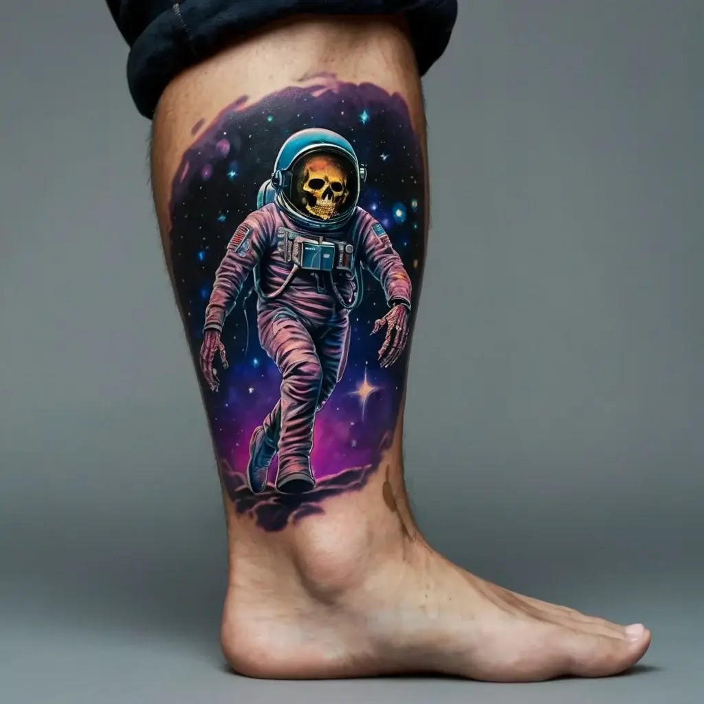 Astronaut tattoo with a skull inside the helmet, floating in a vibrant cosmic background of stars and nebulas.