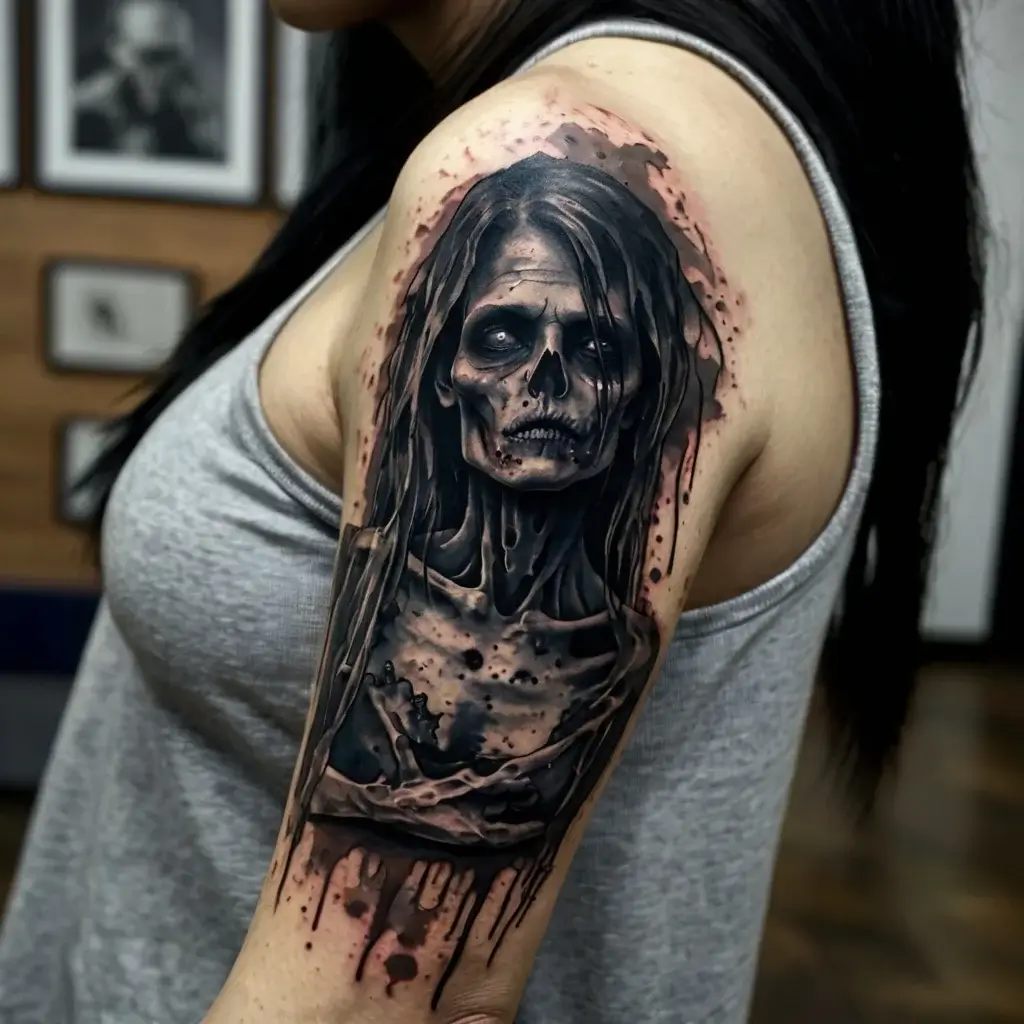 Realistic tattoo of a haunting skeletal figure with long hair, detailed shading, and splattered ink effects on the arm.