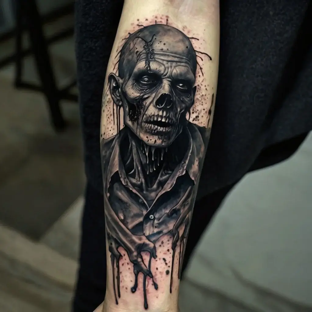 Realistic zombie portrait tattoo with intricate shading, showing a decaying face and tattered clothing, surrounded by ink drips.