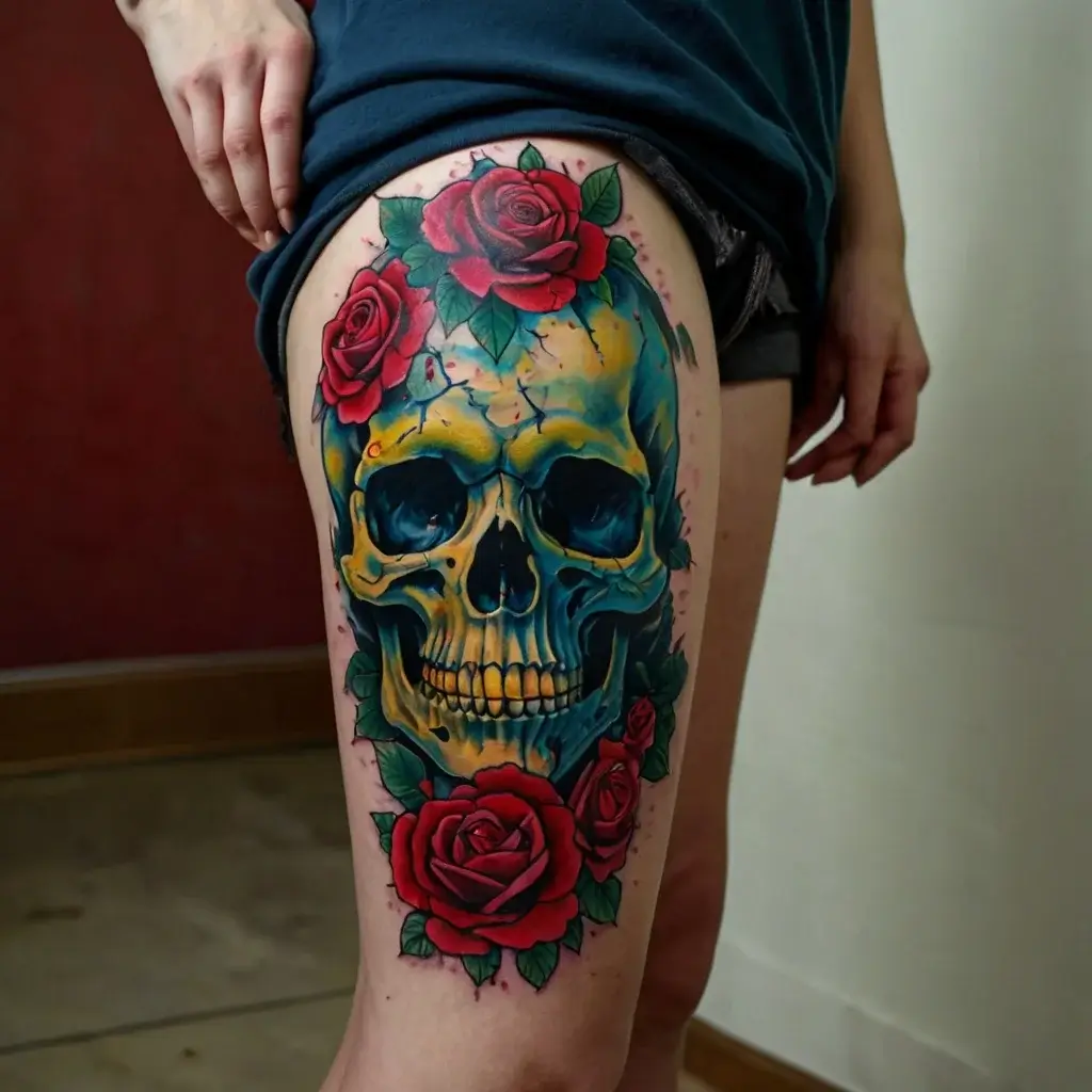 Tattoo of a blue skull surrounded by vibrant red roses on the thigh, blending realism and colorful artistry.