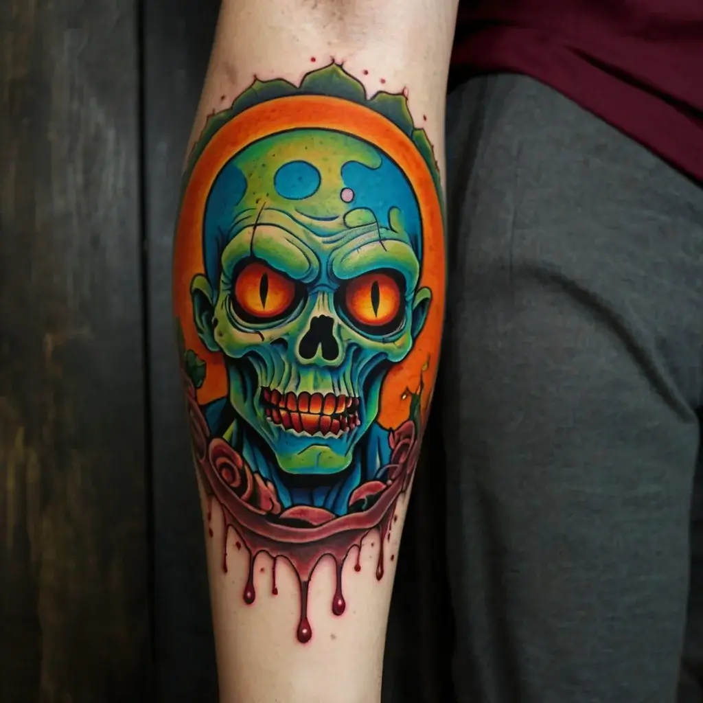 Colorful tattoo of a blue skull with fiery orange eyes, surrounded by a vibrant, dripping green and orange halo.