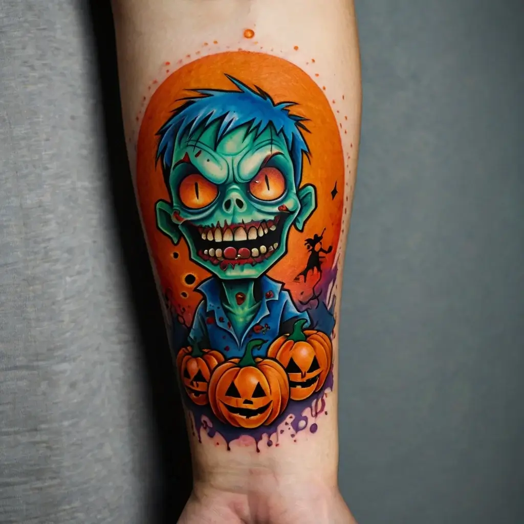 Colorful cartoon zombie with glowing eyes, blue hair, and Halloween pumpkins, set against an orange background.