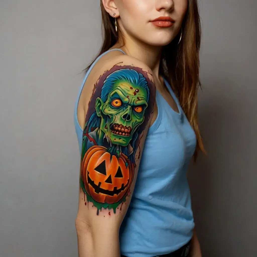 Vivid tattoo of a spooky green zombie with glowing eyes above a grinning jack-o'-lantern on the upper arm.