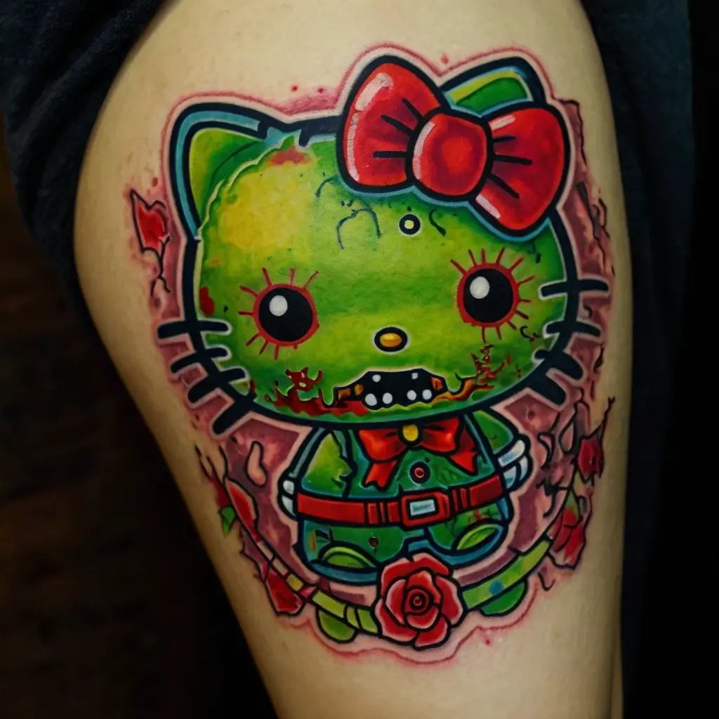 Zombie cartoon cat tattoo with a red bow, cracked green skin, and roses, blending cute and horror themes.