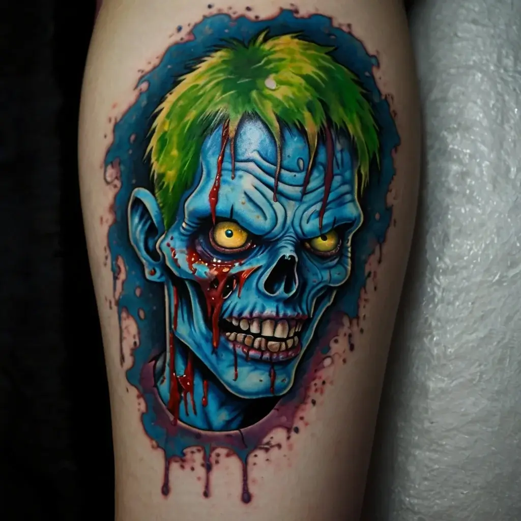 Tattoo of a vibrant blue zombie with yellow eyes and green hair, detailed with splatters and blood-red accents.