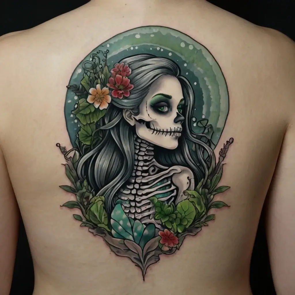 Tattoo of a skeletal woman with flowing hair, surrounded by flowers and leaves against a celestial green background.