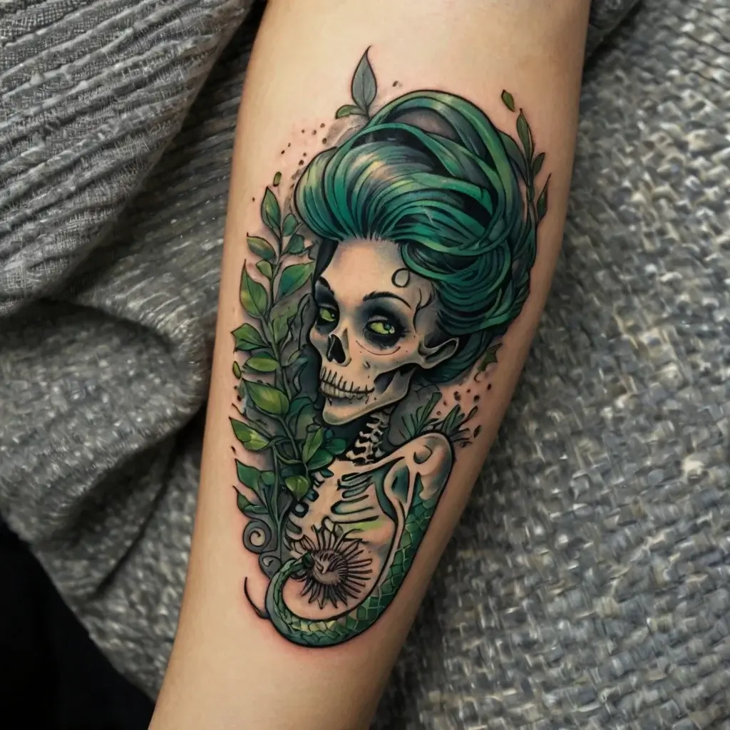 Tattoo of an elegant skeleton woman with teal hair entwined with leaves and a snake, showcasing a fusion of life and death.