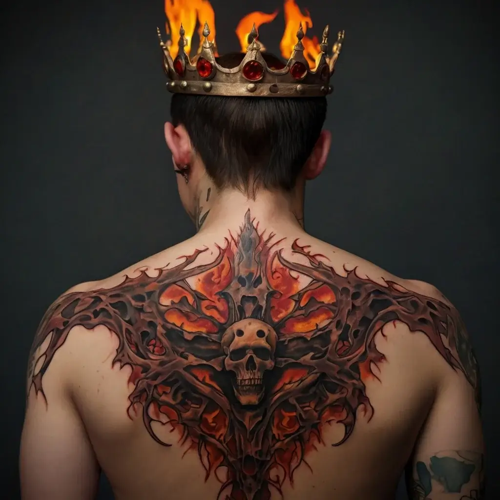 Back tattoo with a fiery skull in center, engulfed in tribal flames, crowned by intricate thorny patterns.