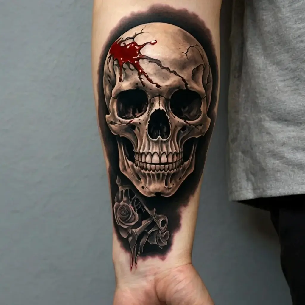 Realistic skull tattoo with detailed shading, featuring a red blood splatter and a shaded rose at the base.