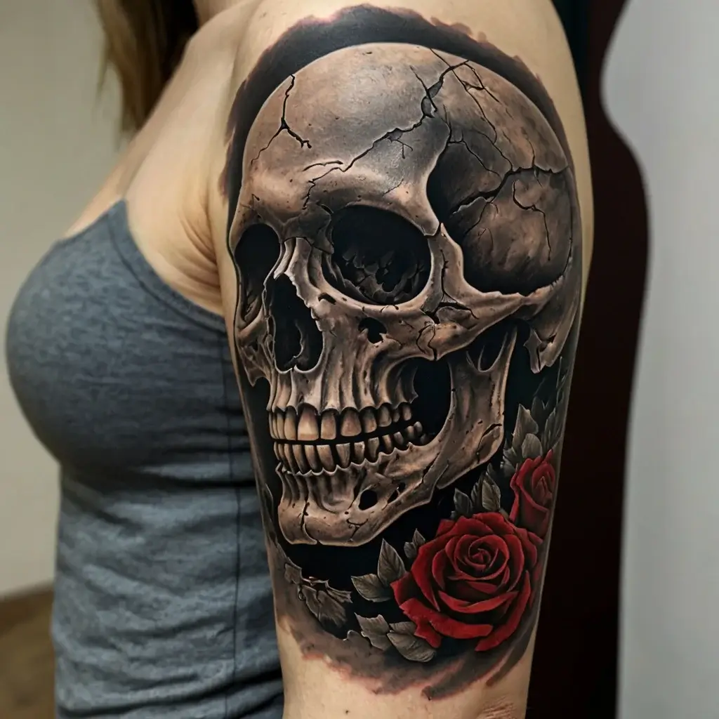 Realistic cracked skull tattoo with red roses on the arm, symbolizing life and death, detailed shading and contrast.