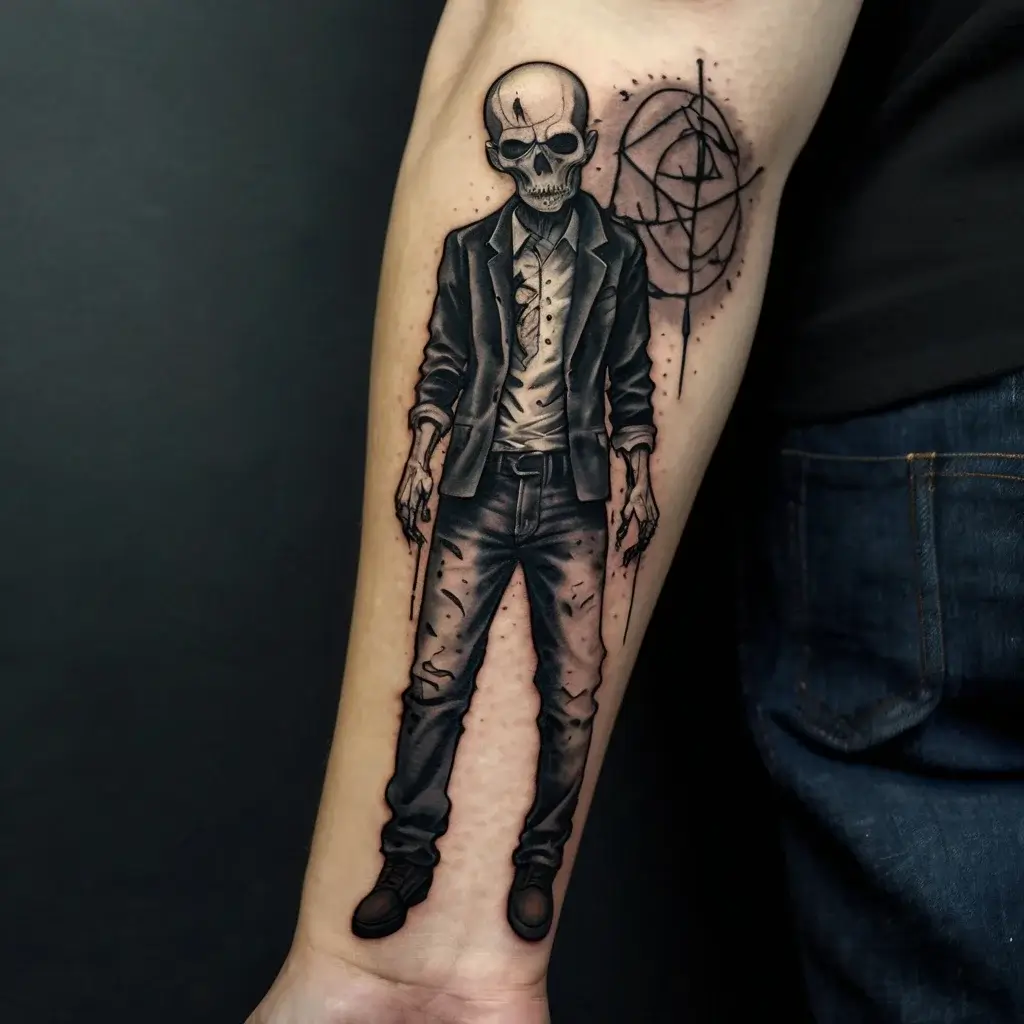 Tattoo of a skeleton in a suit holding pistols, with a geometric symbol behind, blending realism and abstract elements.