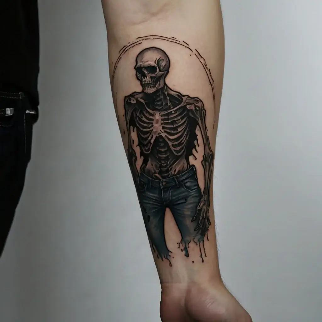 Tattoo of a skeleton in jeans on forearm, surrounded by a circular frame, showcasing intricate shading and detailing.