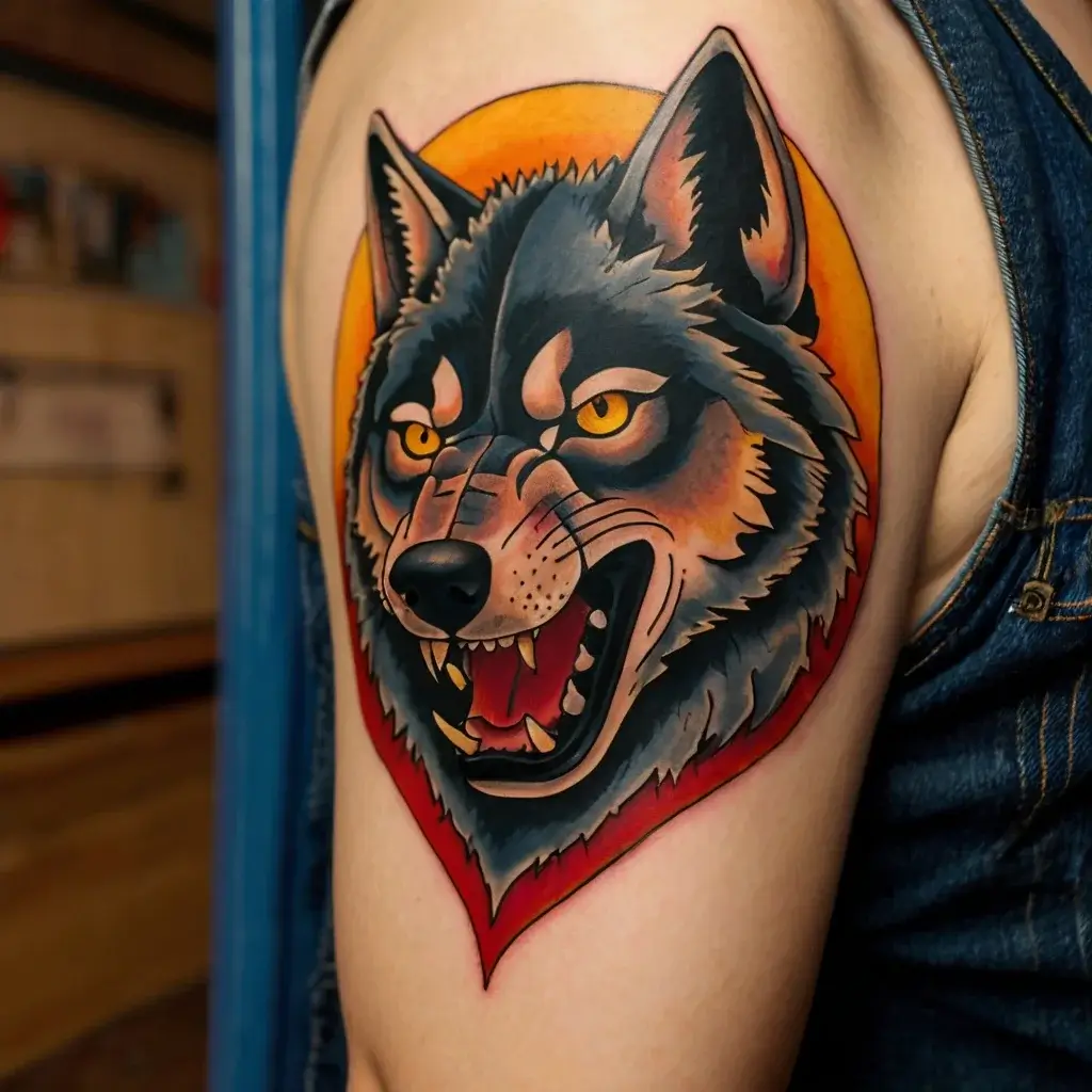 Bold wolf head tattoo with intense eyes, set against a vibrant orange circle on the upper arm.