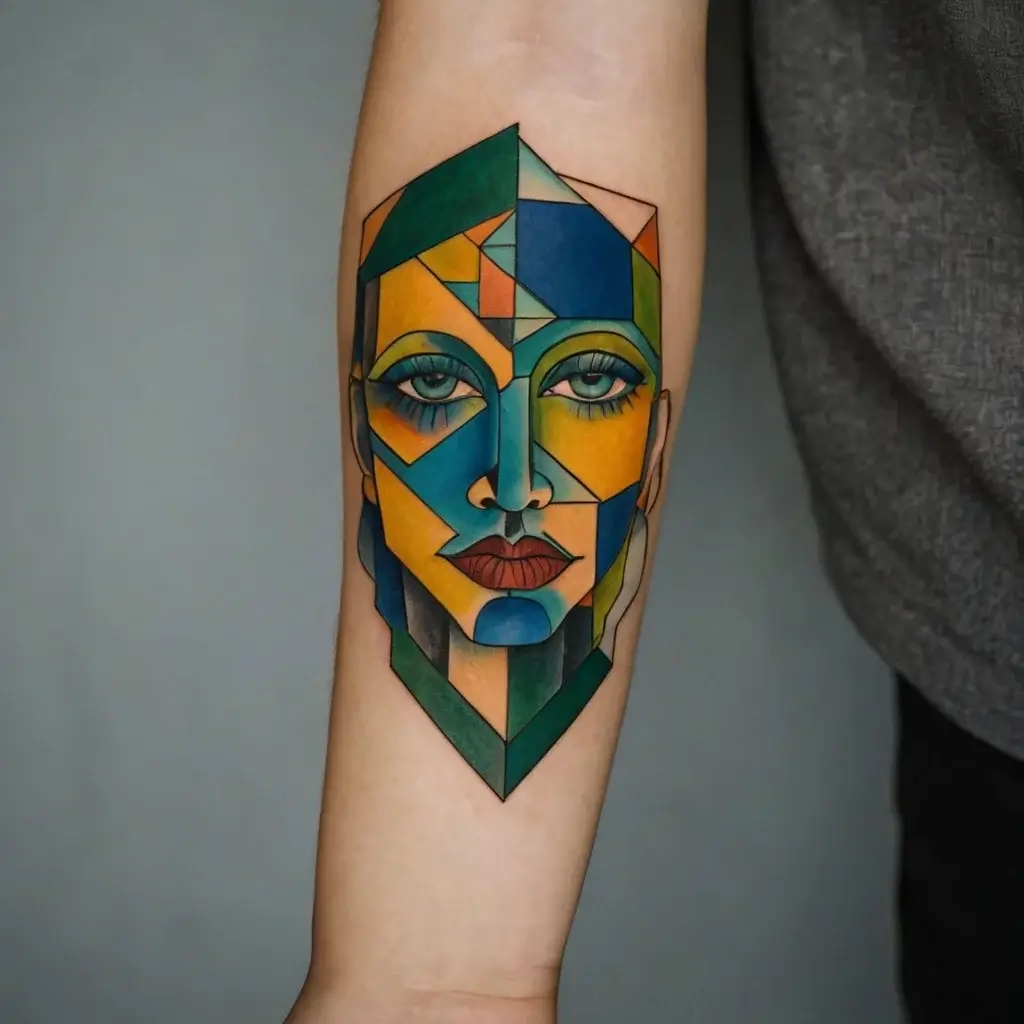 Geometric tattoo featuring a stylized face with vibrant, angular shapes in blue, green, and yellow hues.