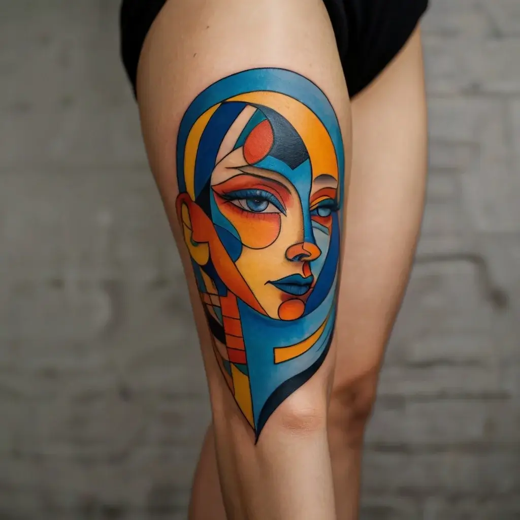 Abstract portrait tattoo in vibrant blue, orange, and yellow geometric shapes on thigh, resembling Cubism style artwork.