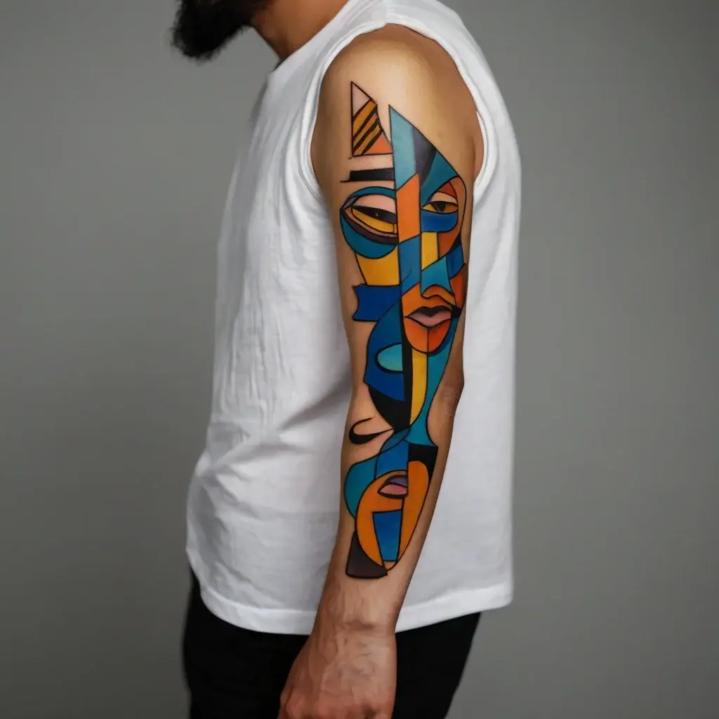 Cubist-inspired tattoo with bold geometric shapes and vibrant colors forming a stylized abstract face on the arm.