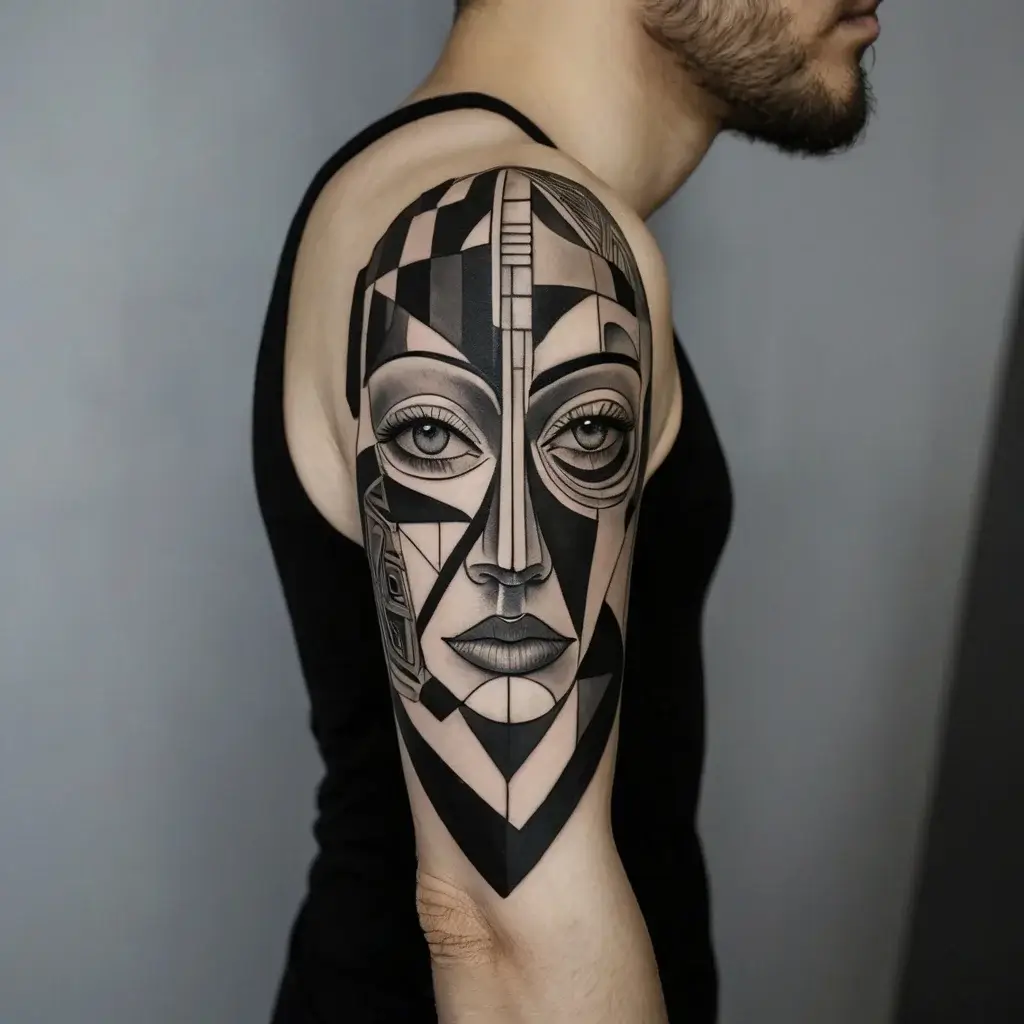 Abstract geometric tattoo of a woman's face on the arm, featuring bold black lines and intricate shading.