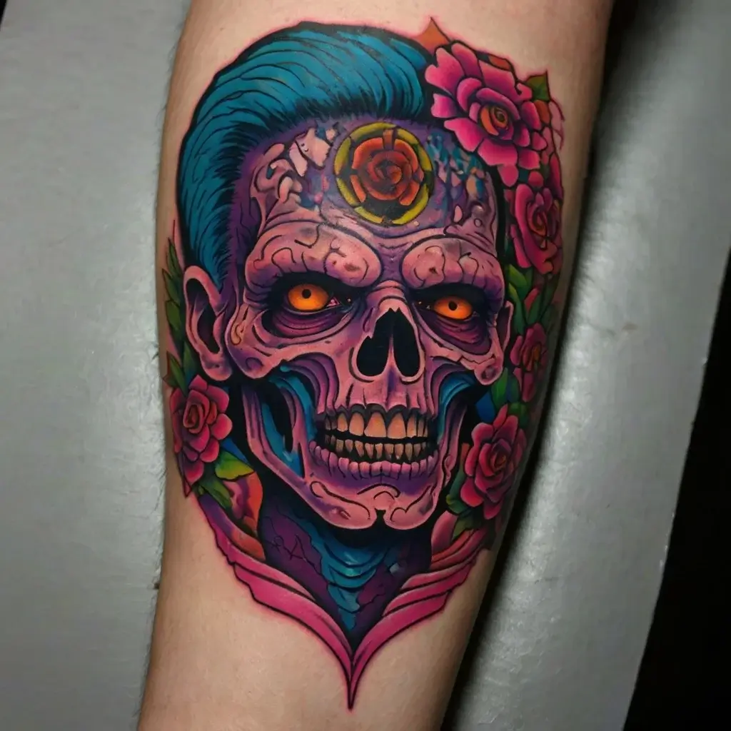 Colorful skull tattoo with blue hair, vibrant orange eyes, surrounded by pink roses and green leaves.