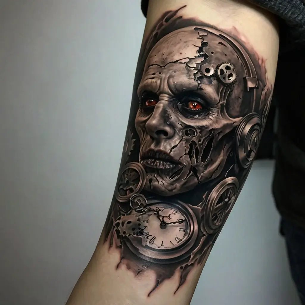 Tattoo of a detailed mechanical skull with vivid orange eyes, cracked texture, and embedded gears and clock elements.