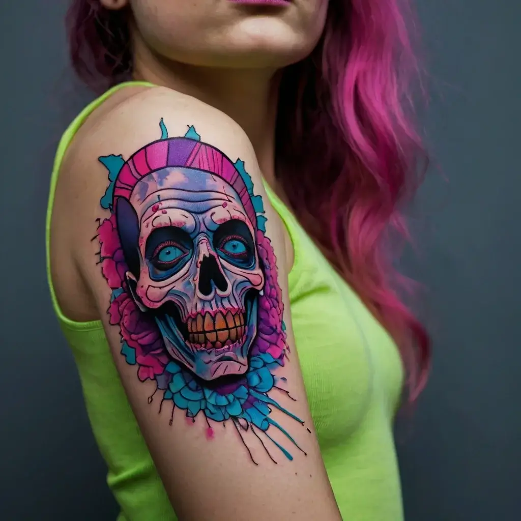 Colorful skull tattoo on upper arm with neon pink, blue hues and floral accents, blending realism with a vibrant, abstract style.