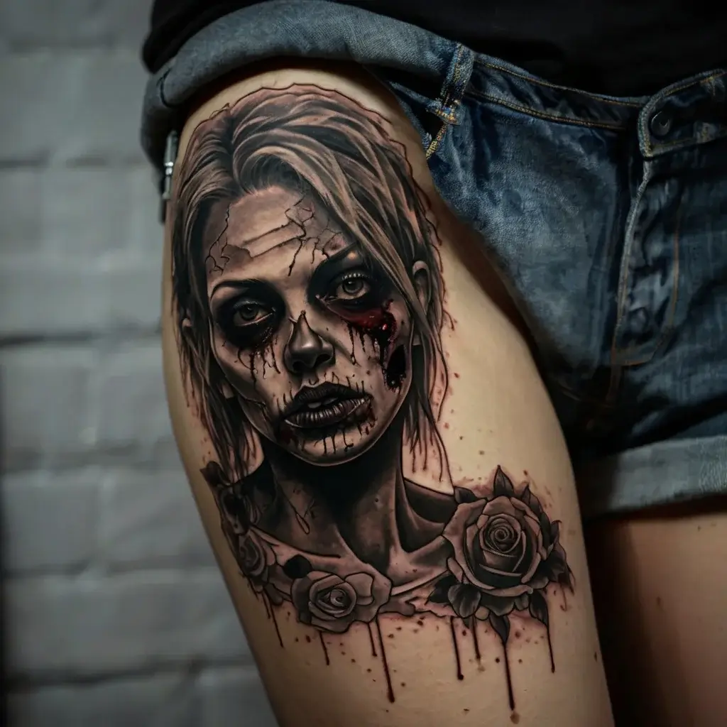 Realistic zombie woman with cracked skin, blood details, framed by dark roses, inked on the thigh.