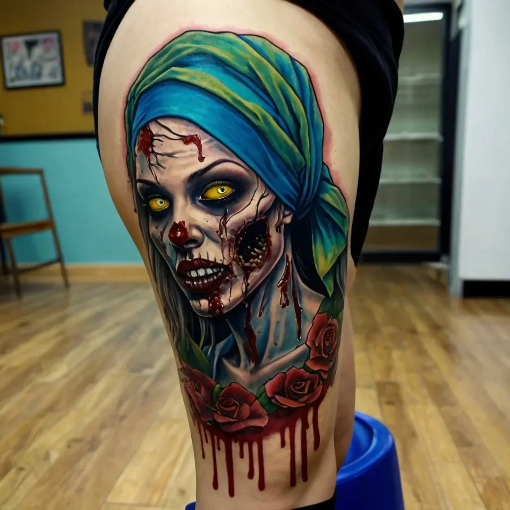 Tattoo of a zombie woman with glowing yellow eyes, blue headscarf, red roses, and blood effects dripping down.