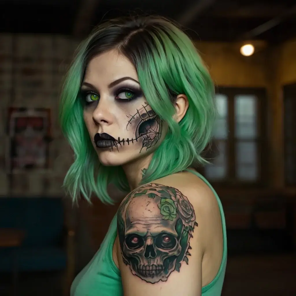 Tattoo of a detailed skull on shoulder with green accents, surrounded by leaves and a rose, creating a vibrant gothic design.