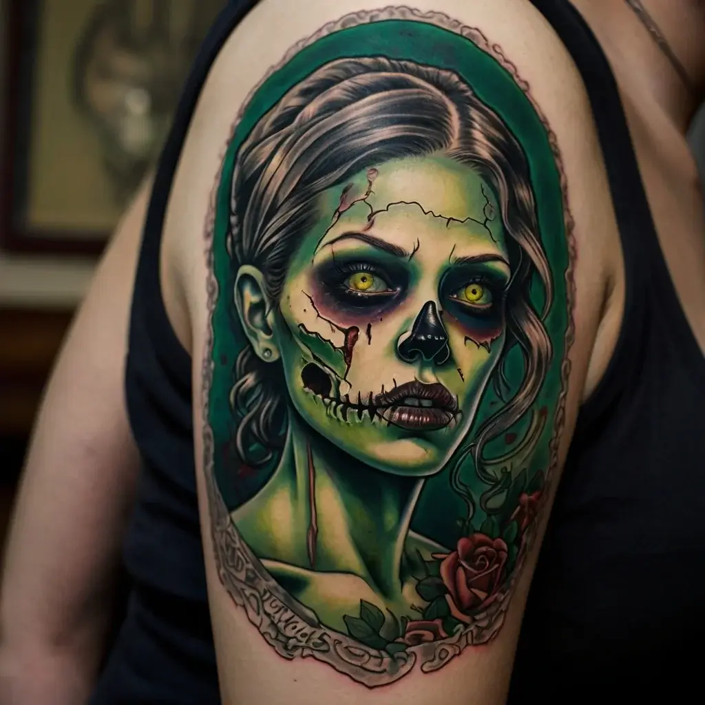 Tattoo of a green-skinned zombie woman with cracks and decaying features, surrounded by roses and intricate details.