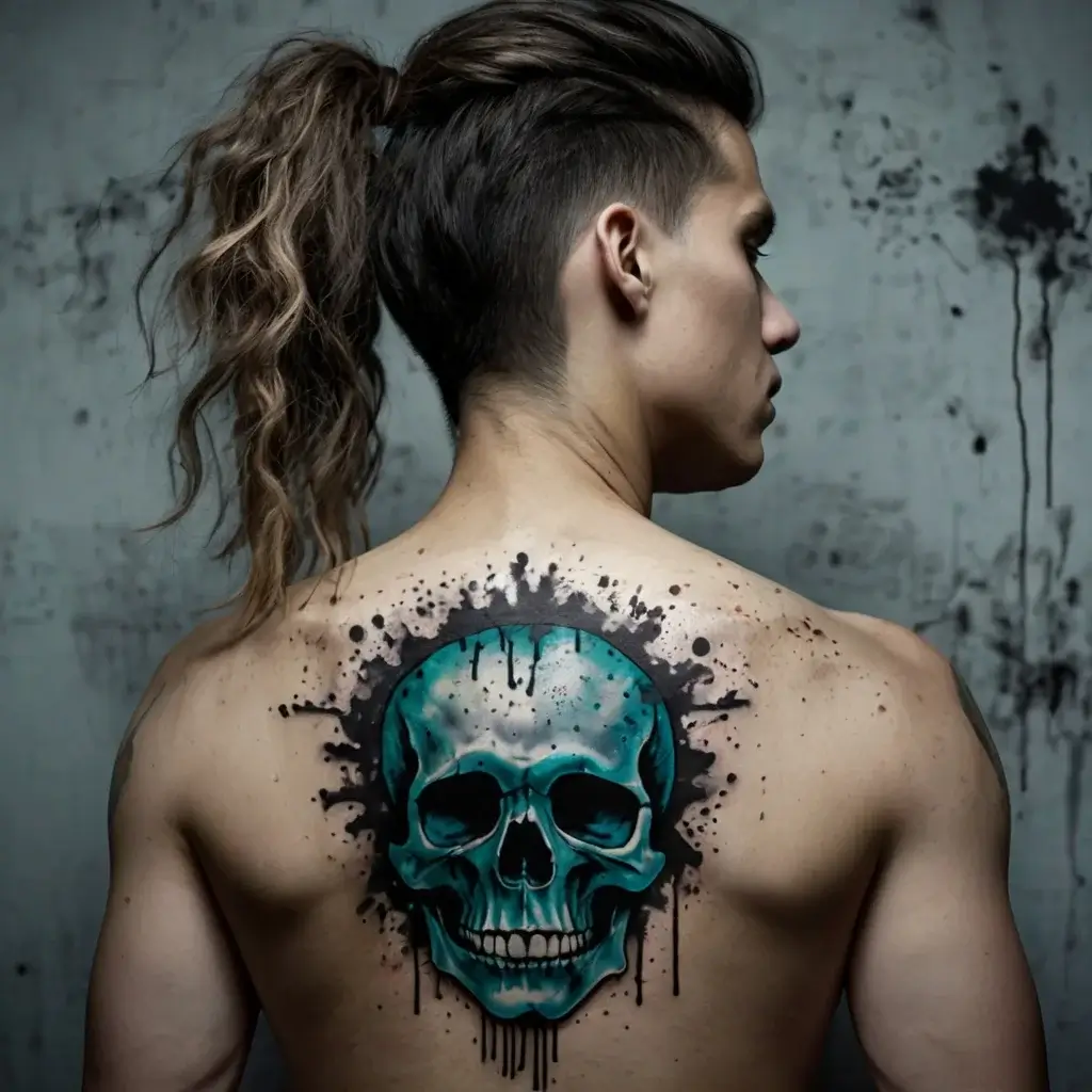 Back tattoo of a turquoise skull with black ink splatters, creating a striking, dynamic watercolor effect.