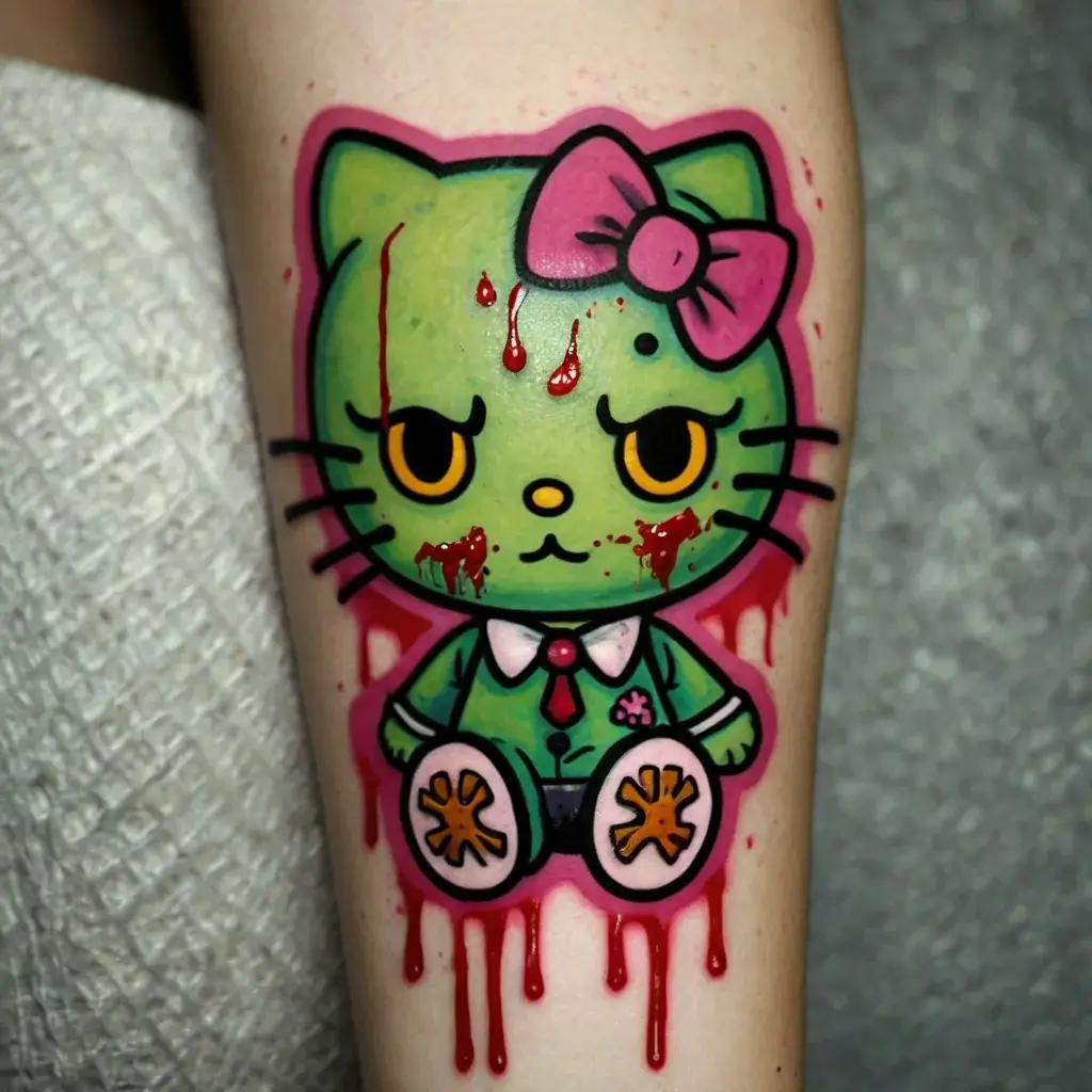 Tattoo of a cute green cartoon cat in a suit, pink bow, with dripping red details for a spooky, colorful twist.