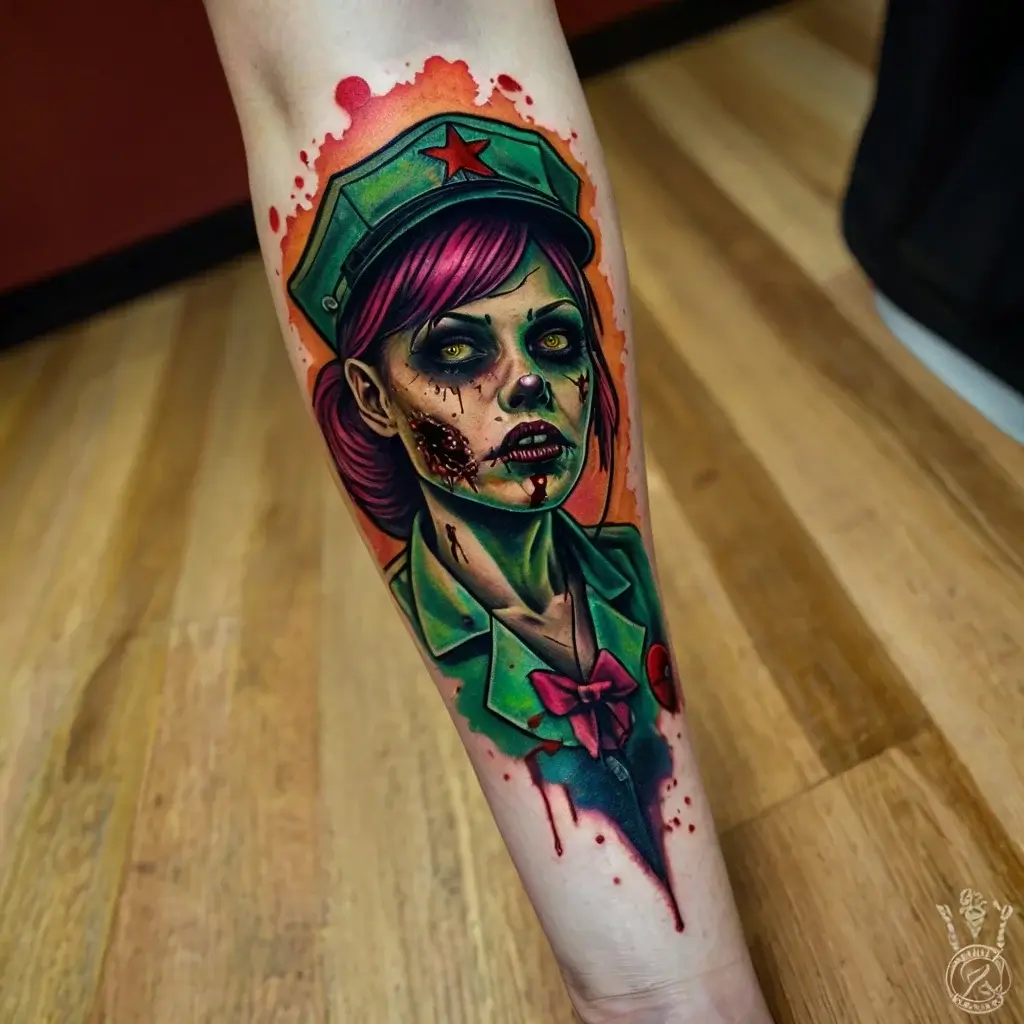 Tattoo of a zombie-like nurse with vibrant green and pink hues, red cap star, and vivid blood splatter details.