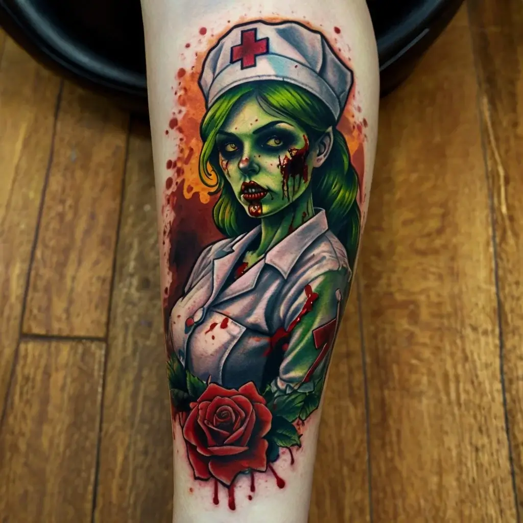 Tattoo of a zombie nurse with green skin, blood splatters, vivid red rose, and splattered orange background.