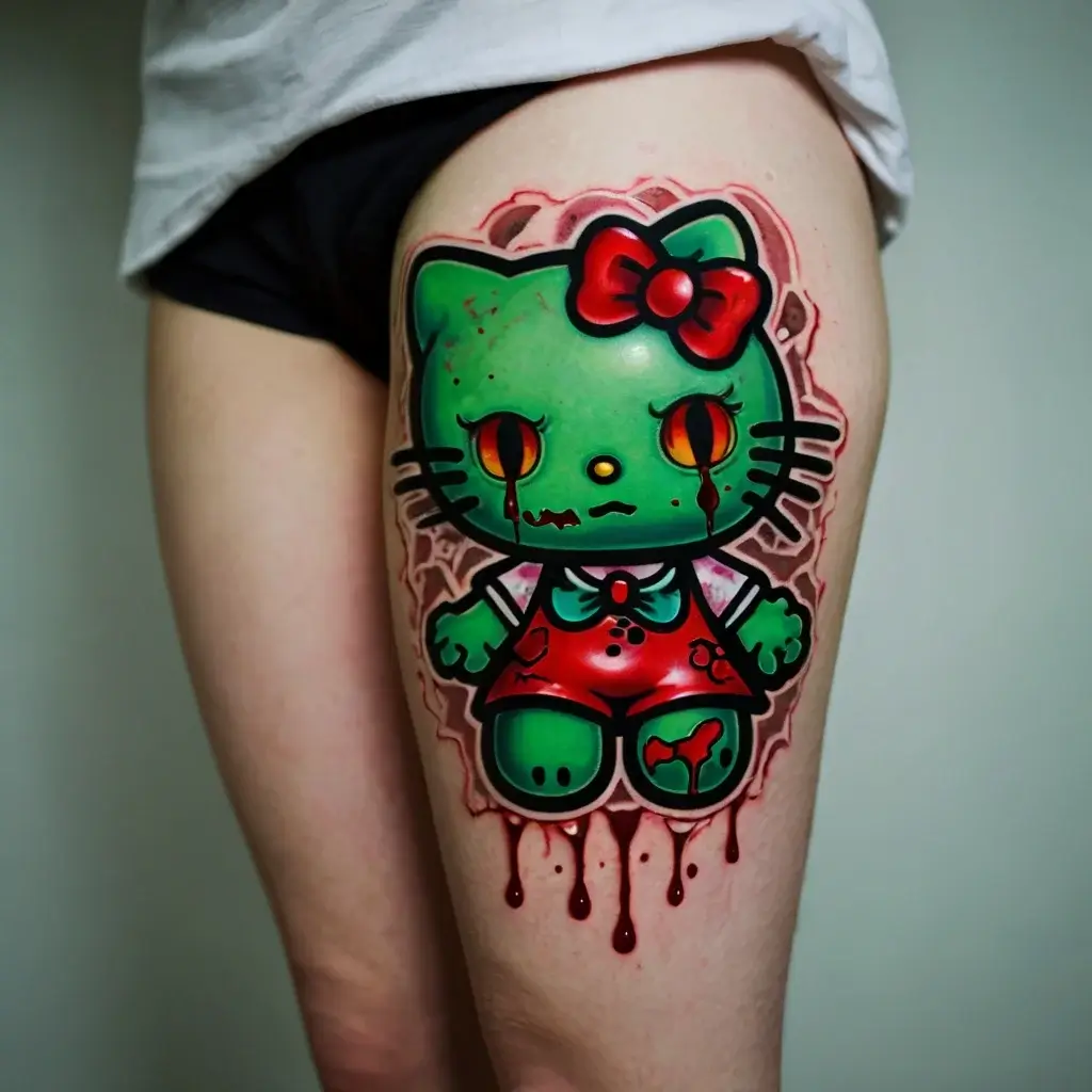 Zombie cartoon cat tattoo with red bow and dripping blood on thigh, mixing eerie and cute aesthetics.