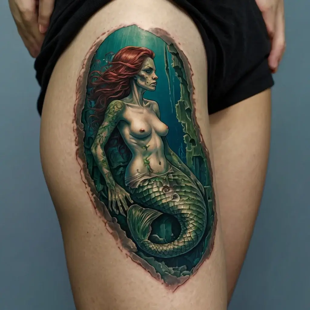 Realistic mermaid tattoo on thigh, with detailed scales, flowing red hair, and eerie undersea backdrop.