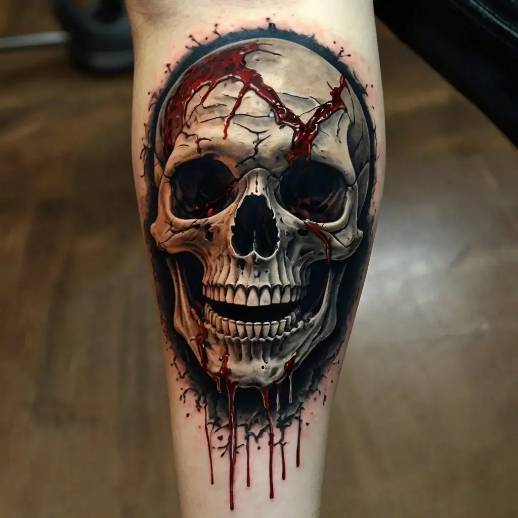 Realistic skull tattoo with cracks and blood drips, featuring detailed shading for a dramatic, intense look.