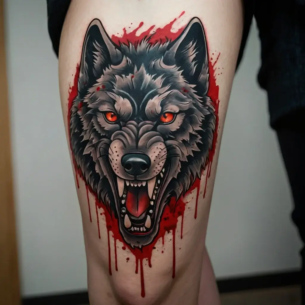 A fierce wolf tattoo with intense orange eyes, detailed fur, and red splash background, symbolizing strength and wildness.