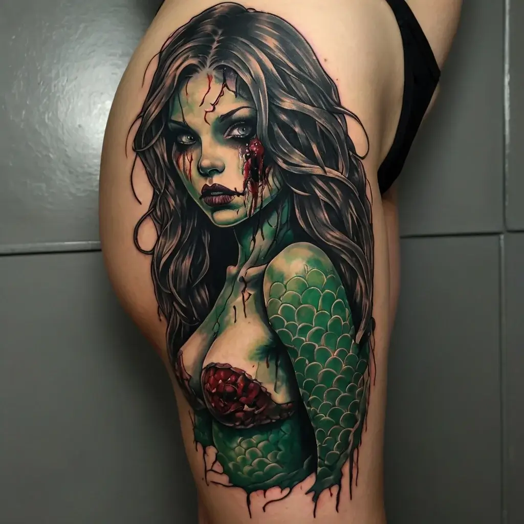 Tattoo on thigh depicts a fierce, detailed mermaid with scales, long hair, and vivid colors, exuding a mystical allure.