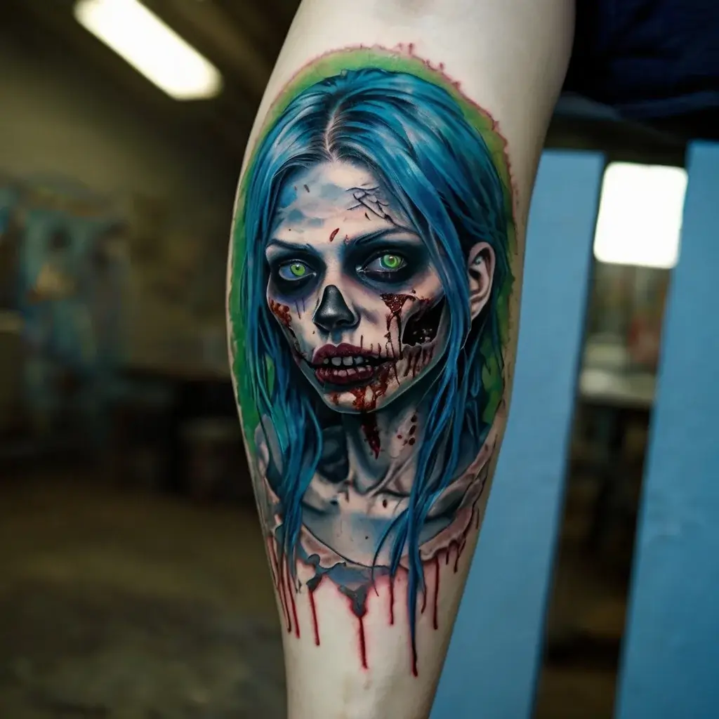 Realistic zombie woman tattoo with vivid blue hair, glowing green eyes, and detailed blood effects on the forearm.