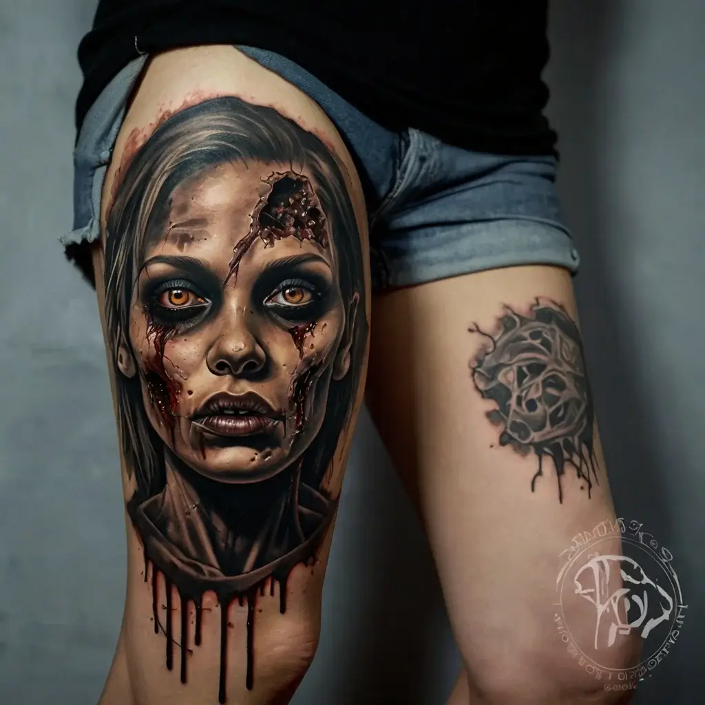 Hyper-realistic zombie female portrait tattoo, featuring glowing eyes and detailed blood effects on the thigh.