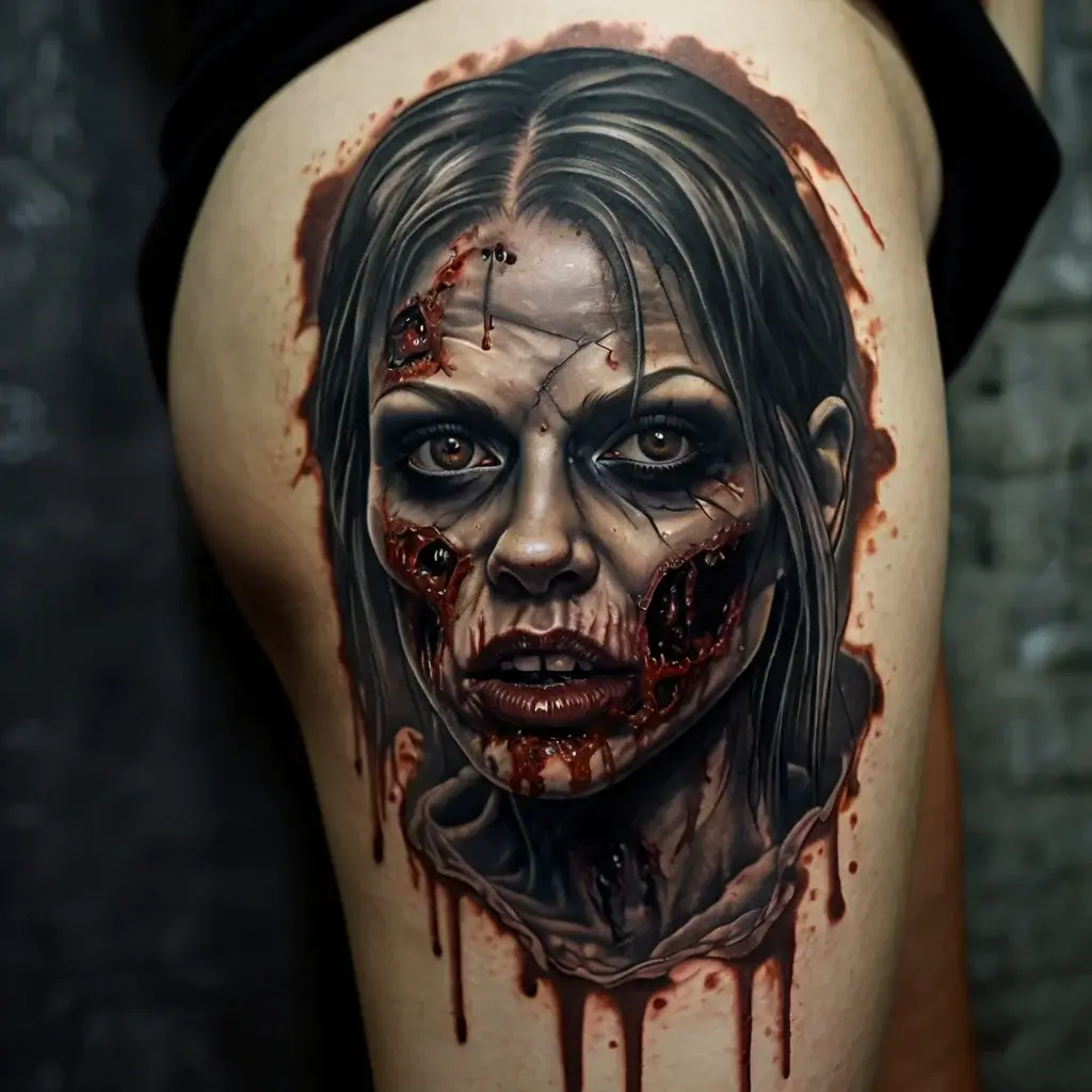 Hyper-realistic zombie portrait tattoo with blood and decay details, featuring expressive eyes and messy hair.