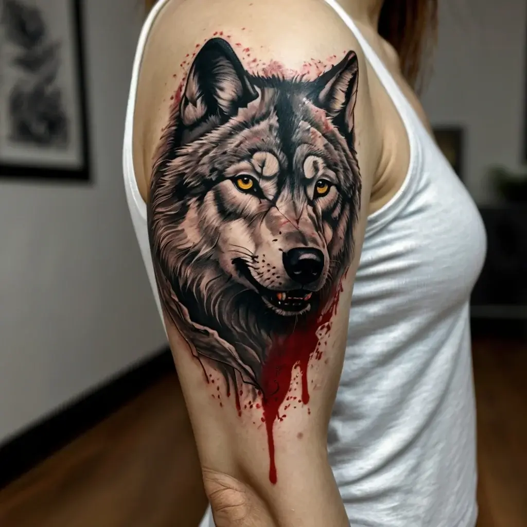 Realistic wolf tattoo with vivid eyes and fur detail, accented by red splatter for dramatic effect on the upper arm.