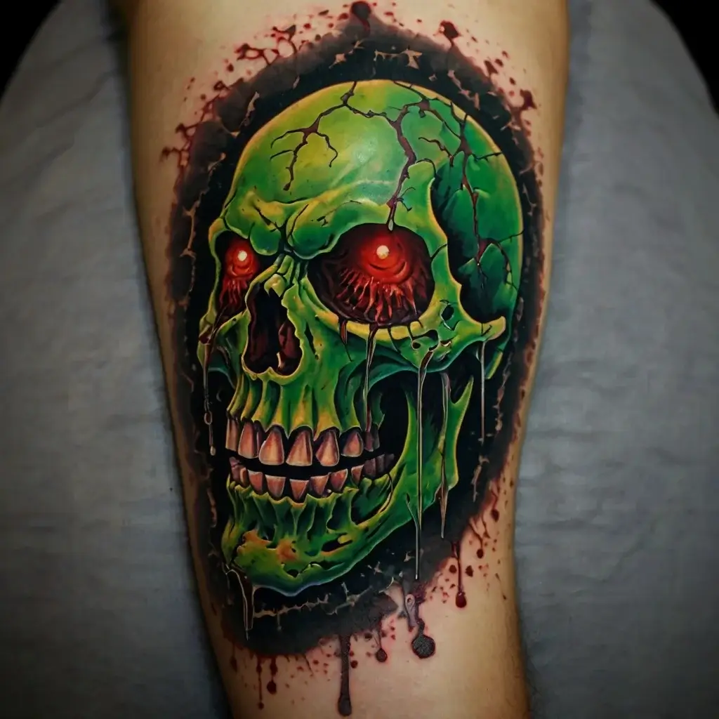 Tattoo of a neon green skull with glowing red eyes, detailed cracks, and dripping effects for a horror-inspired design.