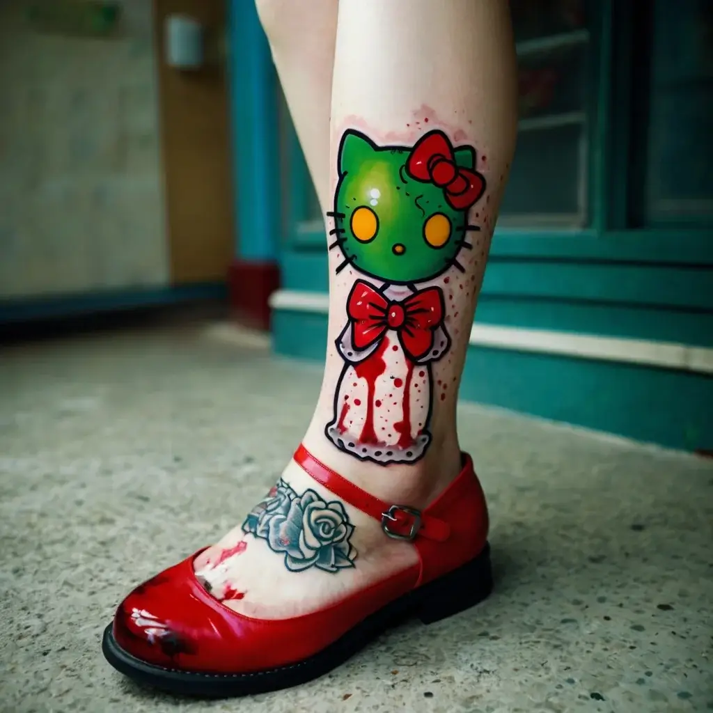 Tattoo of a green cat character in a dress, with red accents and splatters, paired with a black and grey rose.