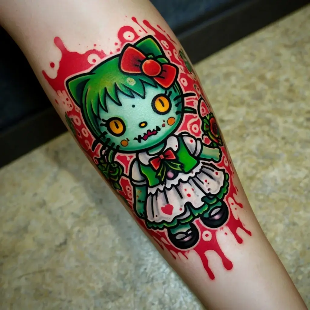 Tattoo of a cute, zombie cartoon cat in vivid colors with red background drips and a bow, blending horror and whimsy.