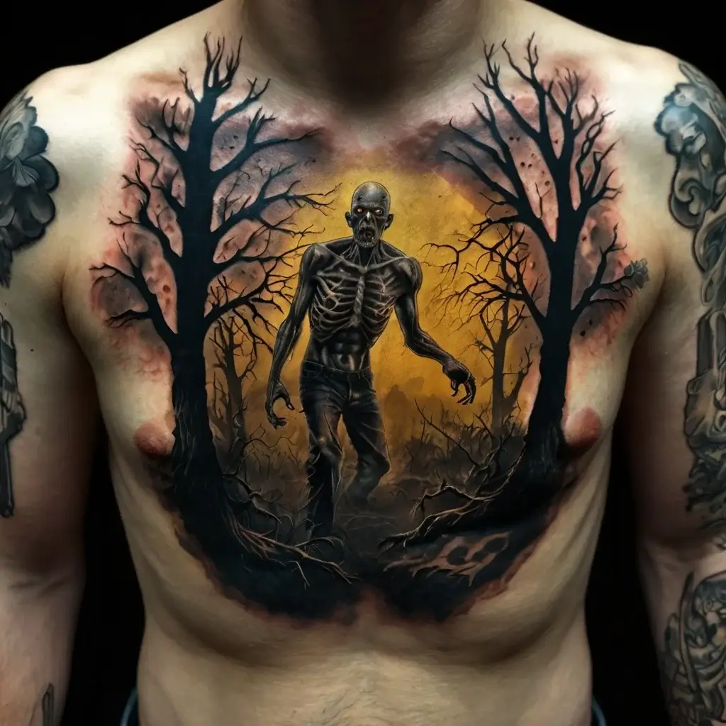 Tattoo of a skeletal figure walking through a dark forest, framed by leafless trees against an orange sky on the chest.