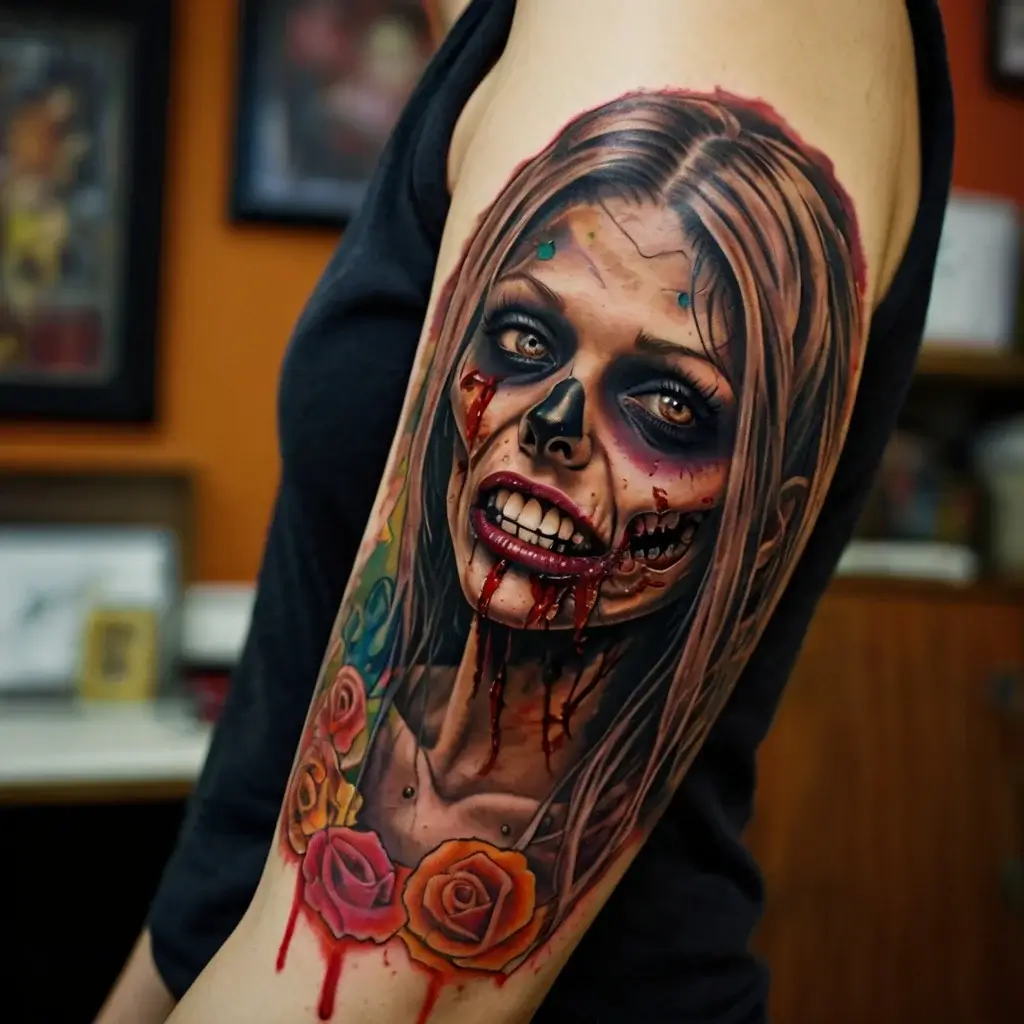 Realistic zombie woman tattoo with blood, cracked skin, haunting eyes, and vibrant roses at the bottom, on upper arm.