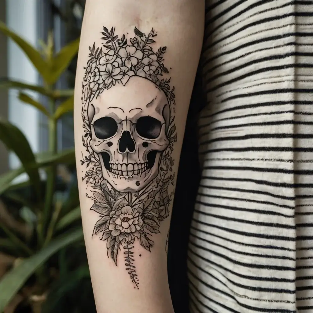 Tattoo of a realistic skull adorned with detailed flowers and foliage, blending themes of life and mortality.