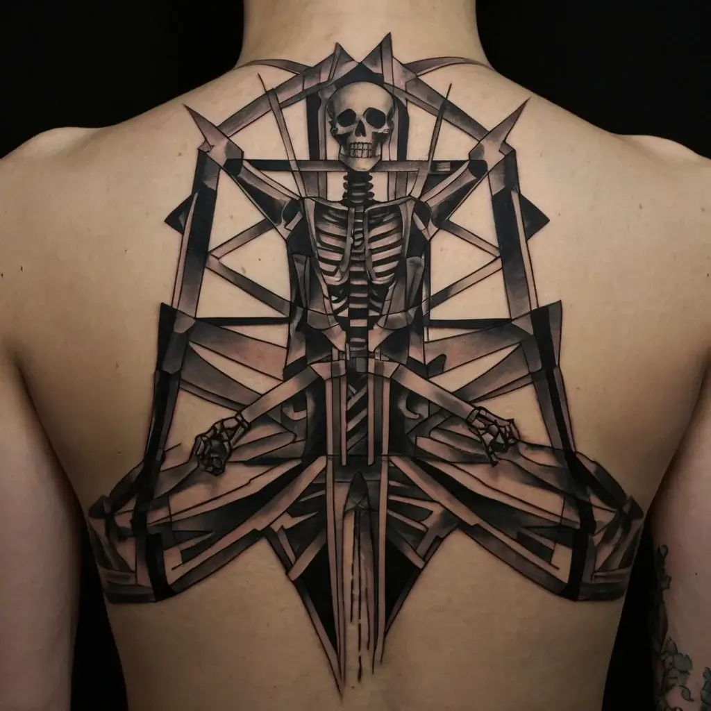 Geometric tattoo of a skeletal figure with sharp angular shapes and bold lines, spanning across the upper back.