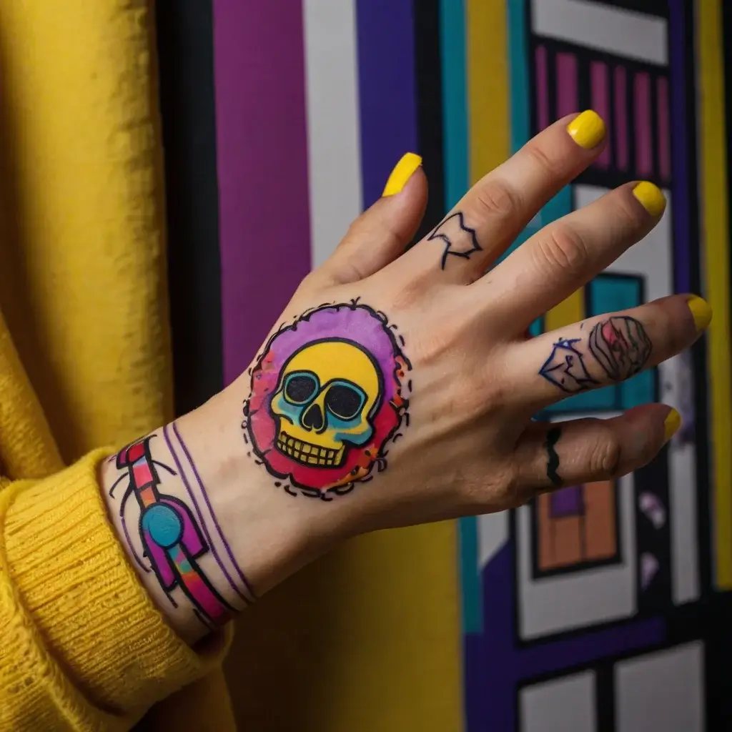 A vibrant skull tattoo on the hand with yellow, pink, and purple hues, paired with geometric and abstract finger designs.